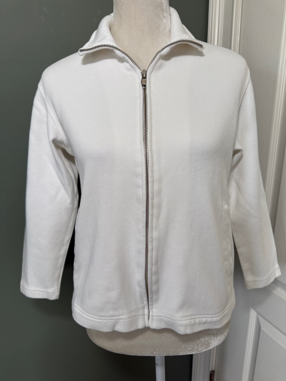 Talbots Petite White Zip Front Jacket Cotton Knit Size S Minimalist Classic